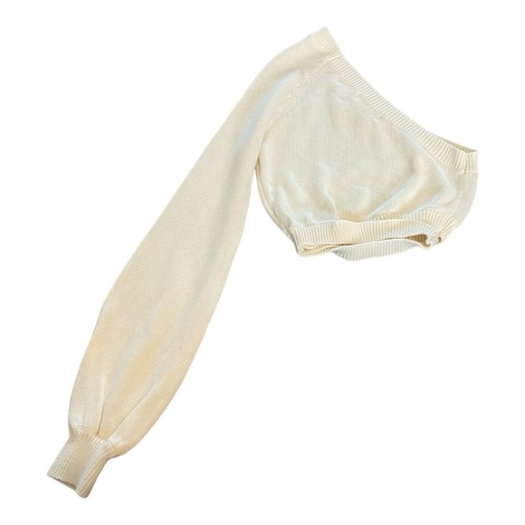 Lovers + Friends One Shoulder Puff Sleeve Cropped Sweater Sz XXS 100% Cotton - Picture 3 of 6